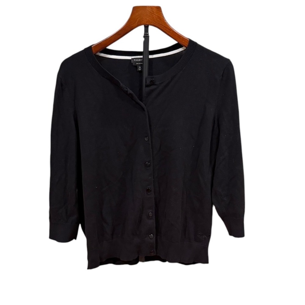 Talbots Black Pima Cotton Blend Button Front 3/4 Sleeve Cardigan Sweater XL prep
